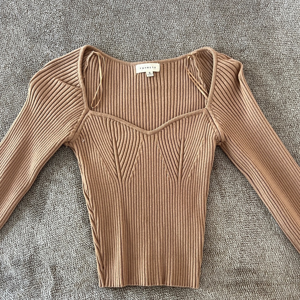 Like New Promesa Ribbed Knit Long Sleeve Tan Top- Size Small